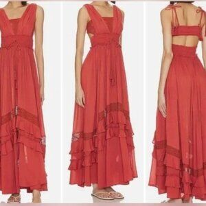 free people pink ruffle lace crochet dress Maxi dress